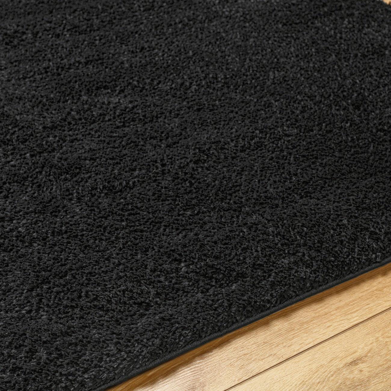 CLAIRE Round Shaggy Solid Color Plush Pile Black Area Rug Black Texture