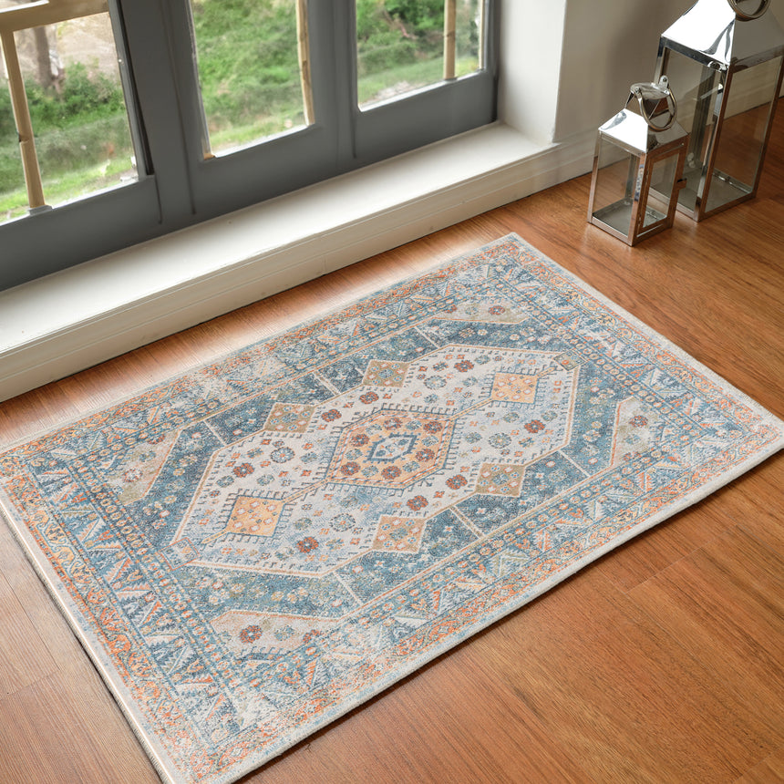 Alka Machine Washable Oriental Boho Denim Rug