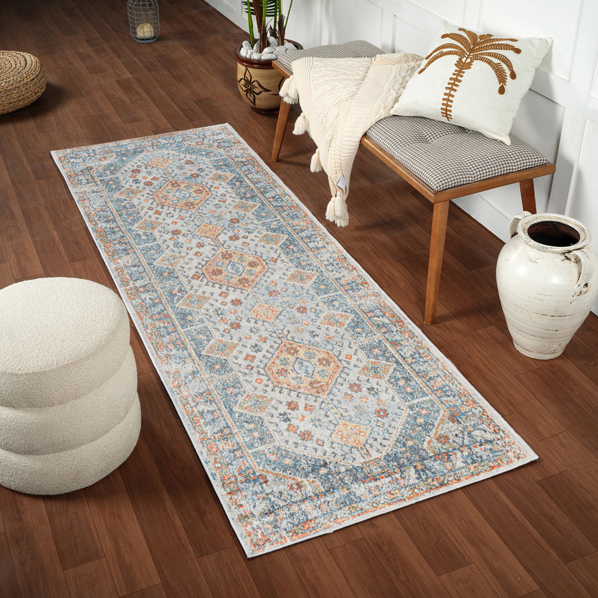 Alka Machine Washable Oriental Boho Denim Rug