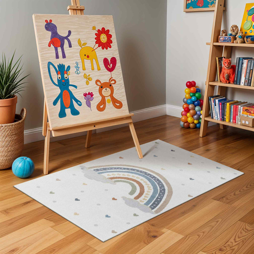 Raini-Bow Kids Machine Washable Multicolour Bedroom Rug