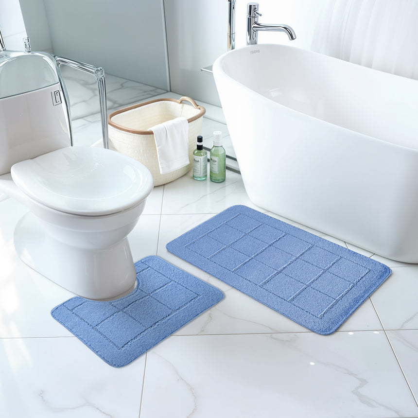 Noelle 2-Piece Machine Washable Non-Slip Blue Bathroom Rug Set