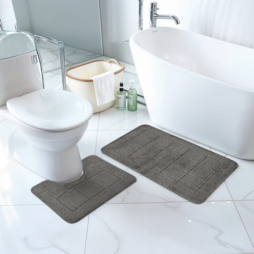 Noelle 2-Piece Machine Washable Non-Slip Dark Grey Bathroom Rug Set
