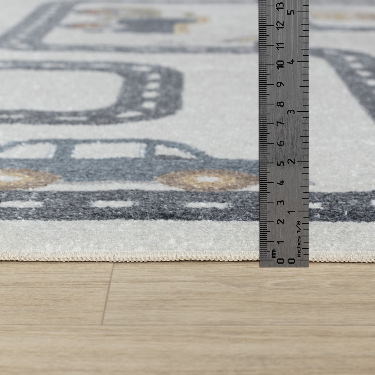 VROOMVILLE City Road Rug - Machine Washable Beige/Grey Kids Room Rug Pile