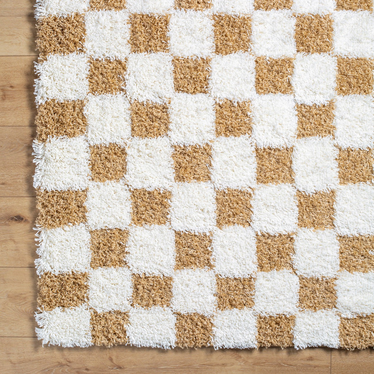 WILLA Shaggy Modern Plush Pile Mustard Checkered Area Rug Overhead