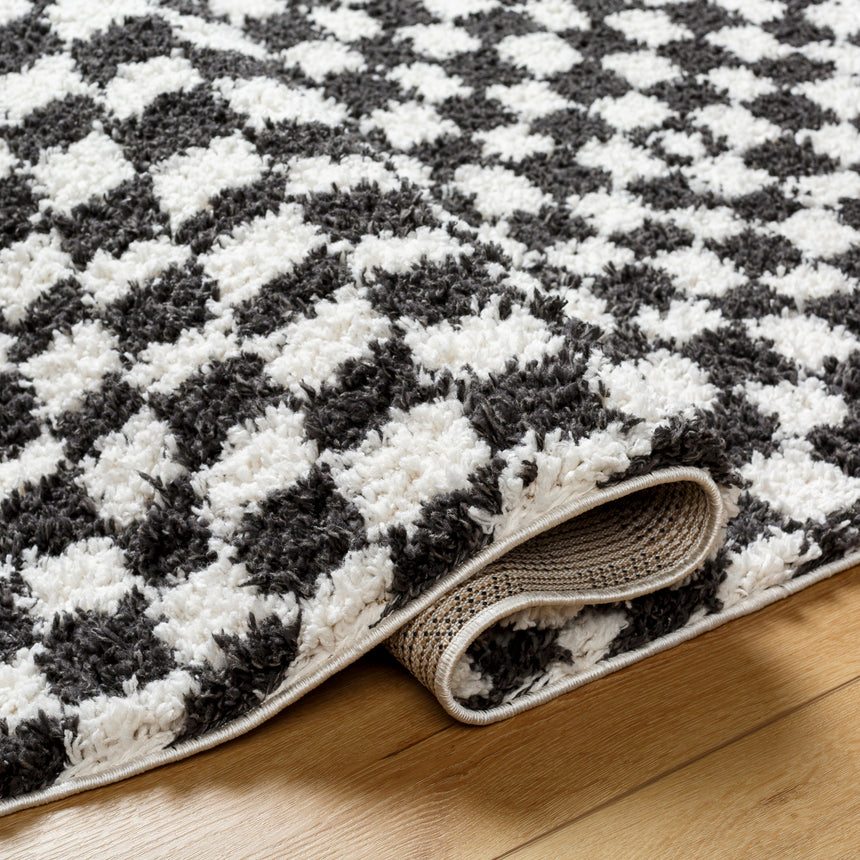 Kittu Shaggy Modern Plush Pile Dark Grey Checkered Rug
