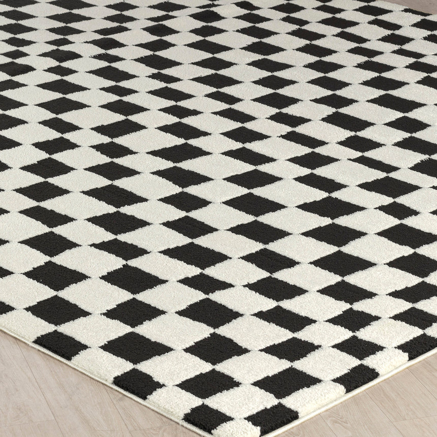Irina Scandi Modern High Pile Black/Ivory Checkered Rug