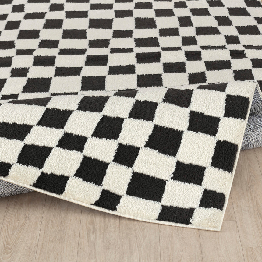 Irina Scandi Modern High Pile Black/Ivory Checkered Rug