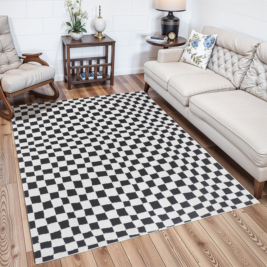 Irina Scandi Modern High Pile Black/Ivory Checkered Rug