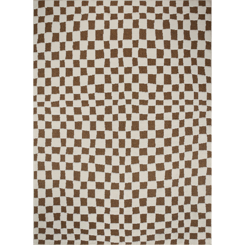 Irina Scandi Modern High Pile Ivory/Brown Checkered Rug