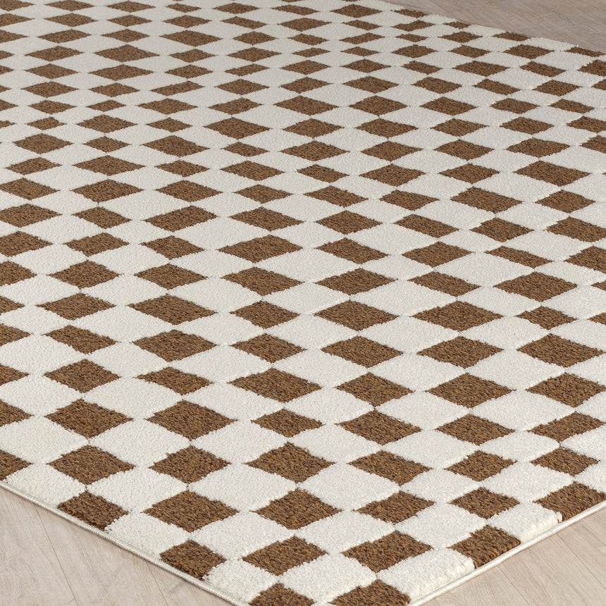 Irina Scandi Modern High Pile Ivory/Brown Checkered Rug