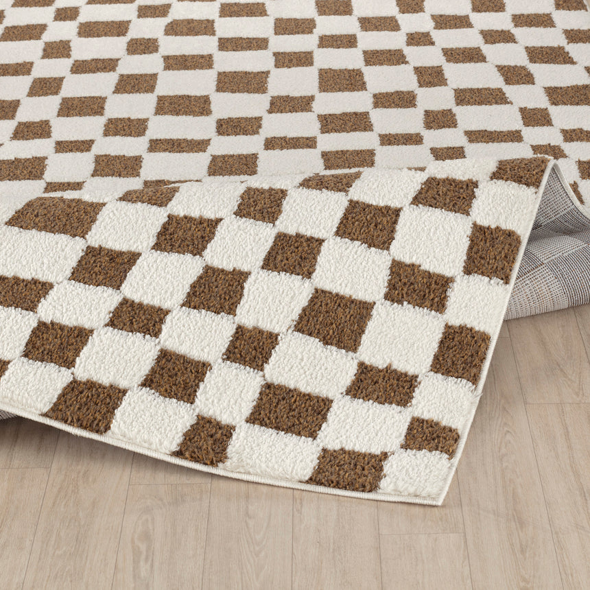 Irina Scandi Modern High Pile Ivory/Brown Checkered Rug
