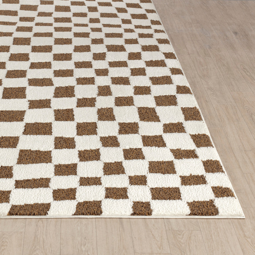 Irina Scandi Modern High Pile Ivory/Brown Checkered Rug