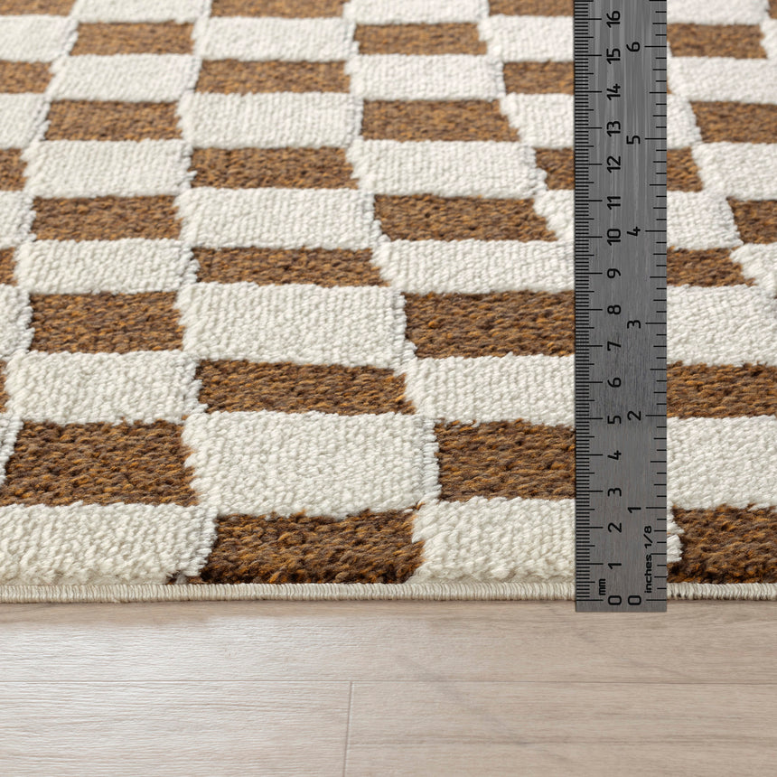 Irina Scandi Modern High Pile Ivory/Brown Checkered Rug