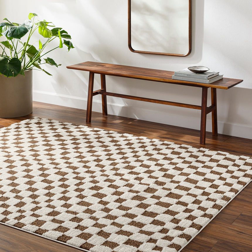 Irina Scandi Modern High Pile Ivory/Brown Checkered Rug