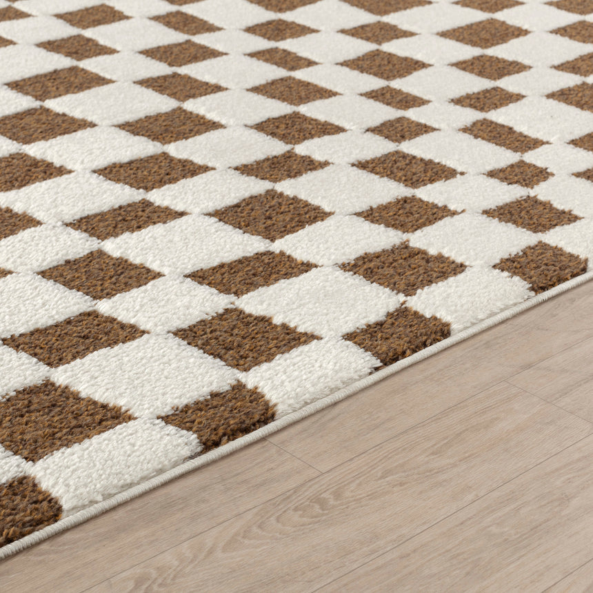 Irina Scandi Modern High Pile Ivory/Brown Checkered Rug