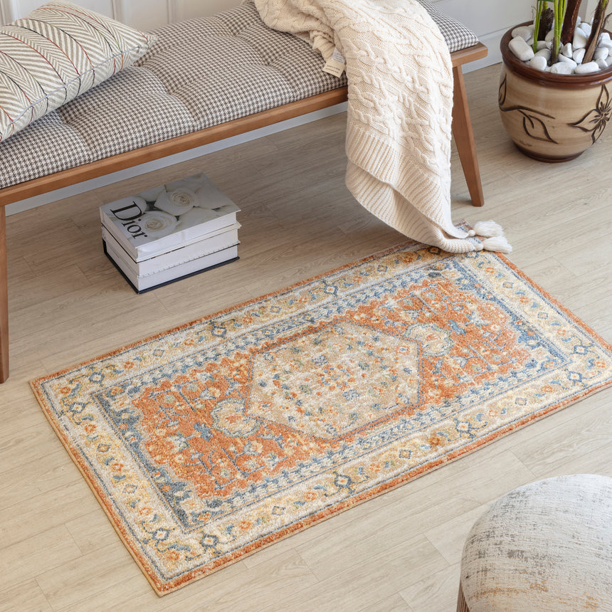 Boka Machine Washable Traditionnal Boho Burnt Orange Rug