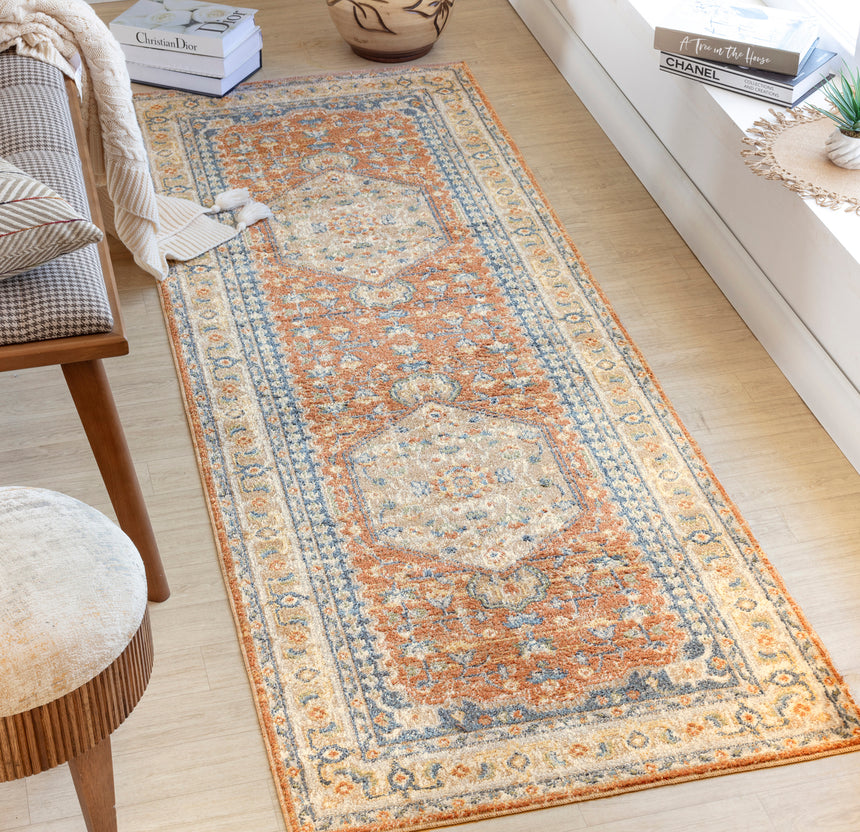 Boka Machine Washable Traditionnal Boho Burnt Orange Rug