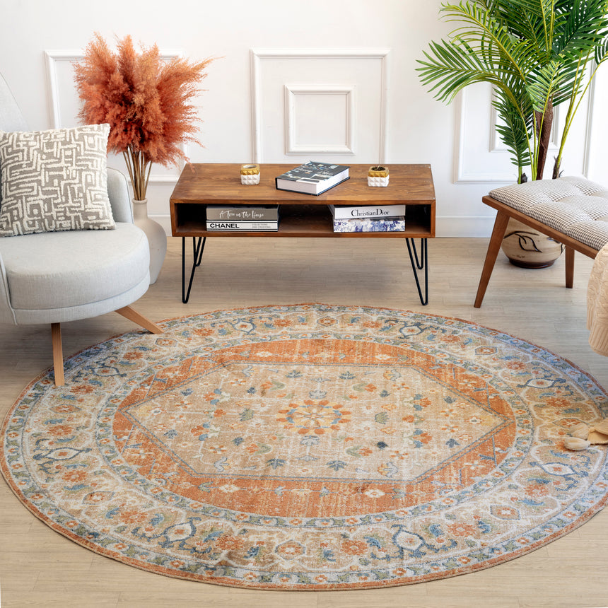 Boka Machine Washable Traditionnal Boho Burnt Orange Rug