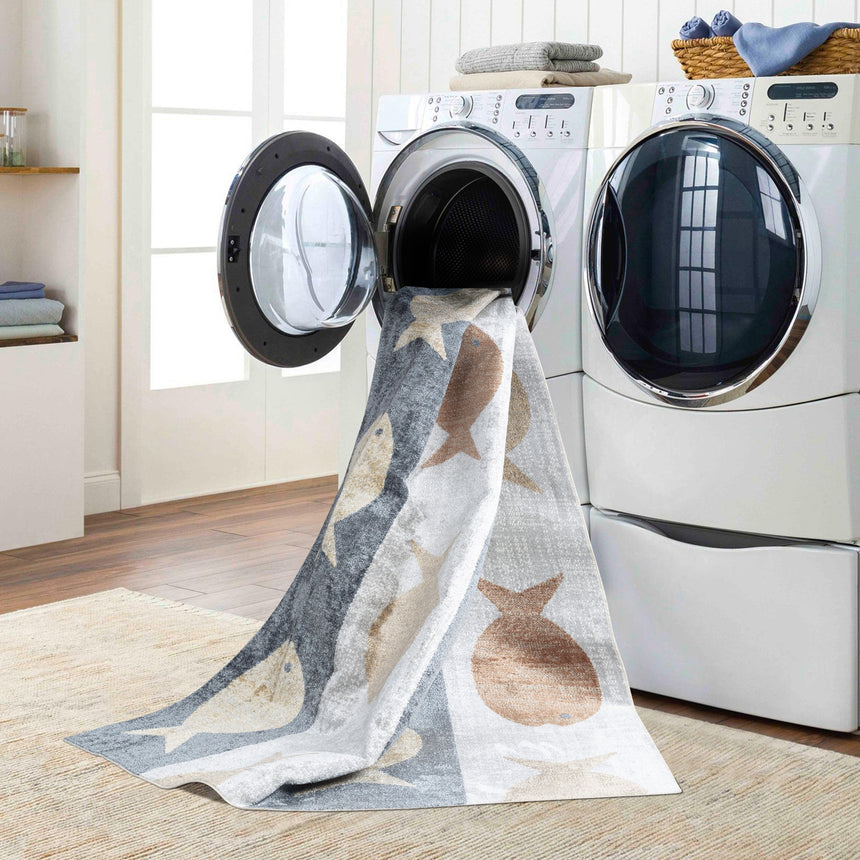 Aquafiesta Kids Machine Washable Beige/Grey/Orange Bedroom Rug