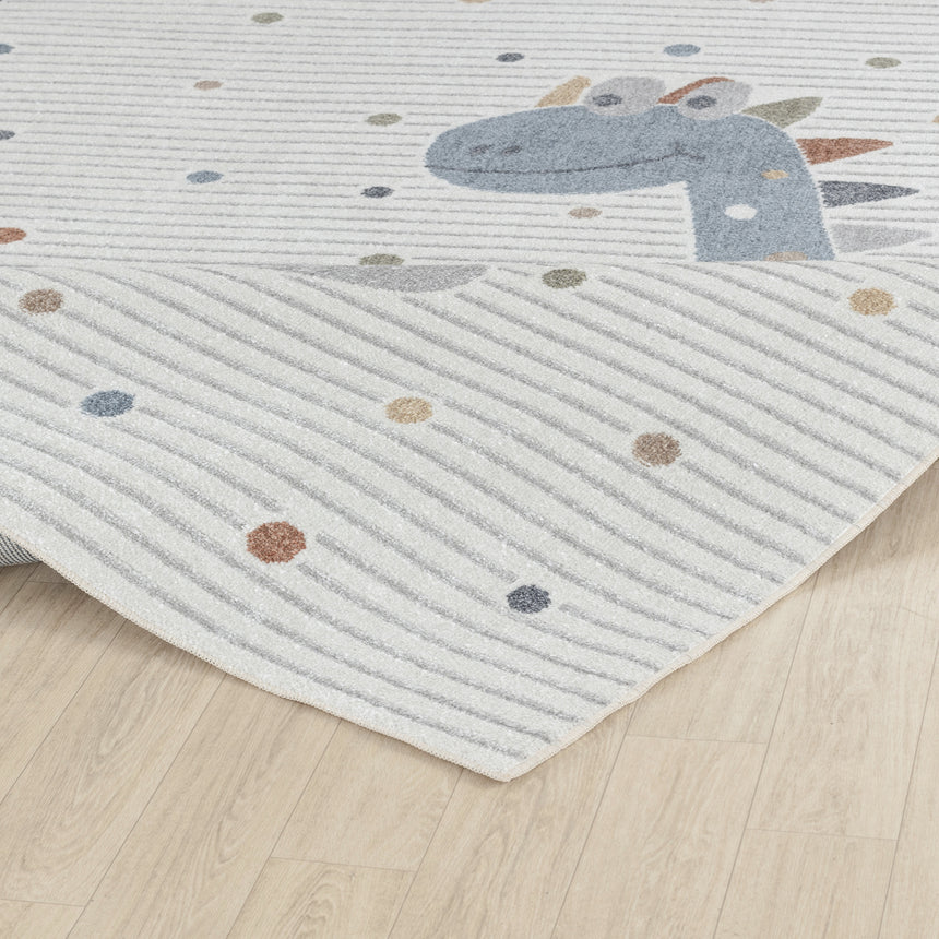 Dino Kids Machine Washable Beige/Grey Bedroom Rug