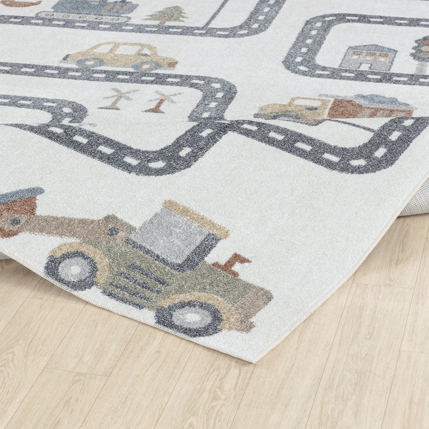 Vroomville Kids Machine Washable Beige/Grey Bedroom Rug