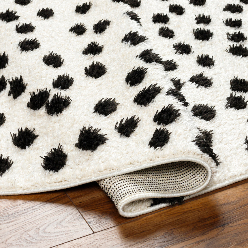 Hekuba Shaggy Modern Plush Pile Black/Ivory Polka Dot Rug