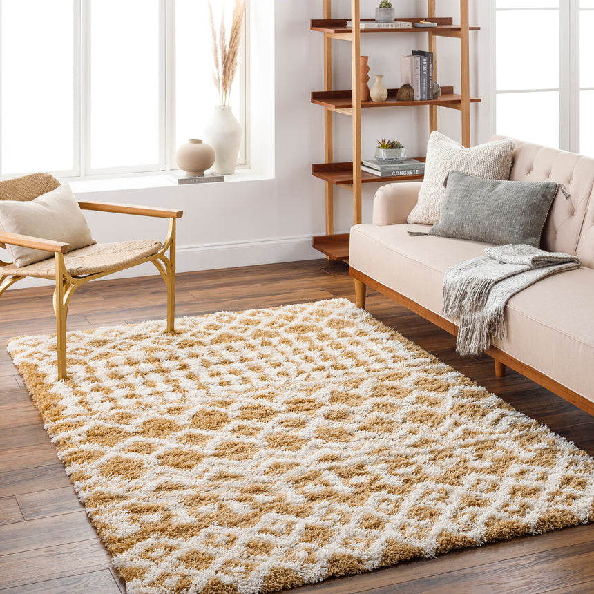 Nour Shaggy Geometric Plush Pile Camel Rug