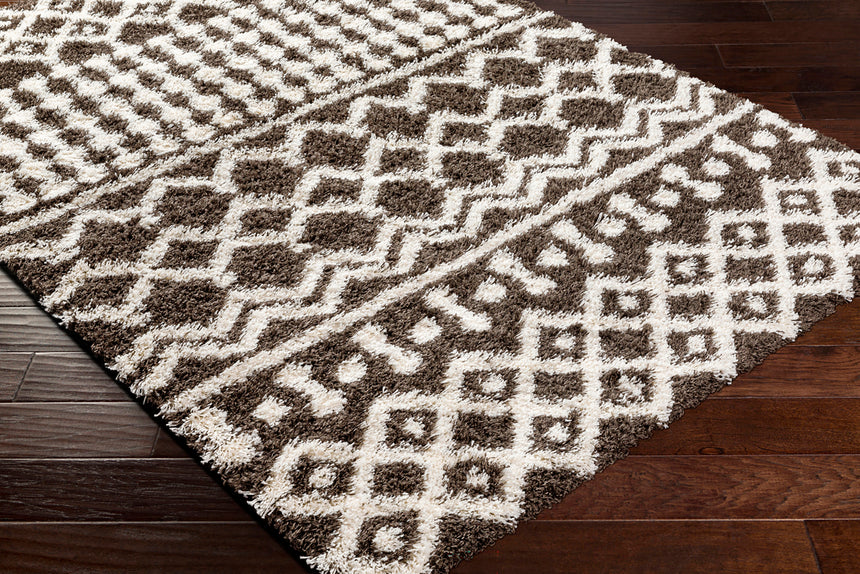 Nour Shaggy Geometric Plush Pile Taupe Rug