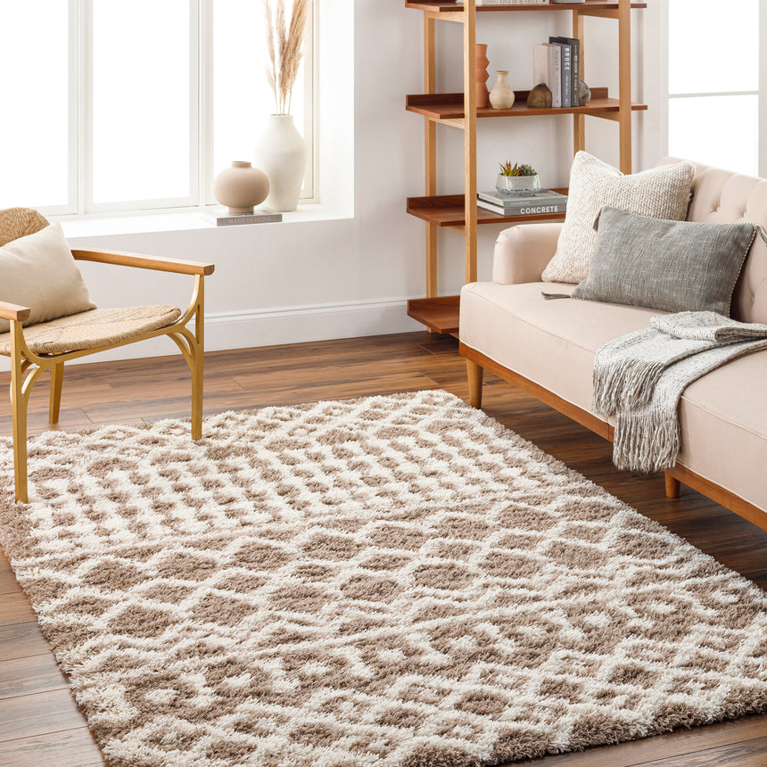 Nour Shaggy Geometric Plush Pile Taupe Rug
