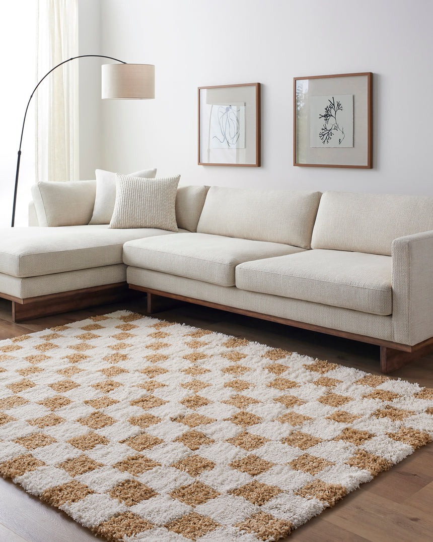 Willa Shaggy Modern Plush Pile Mustard Checkered Rug