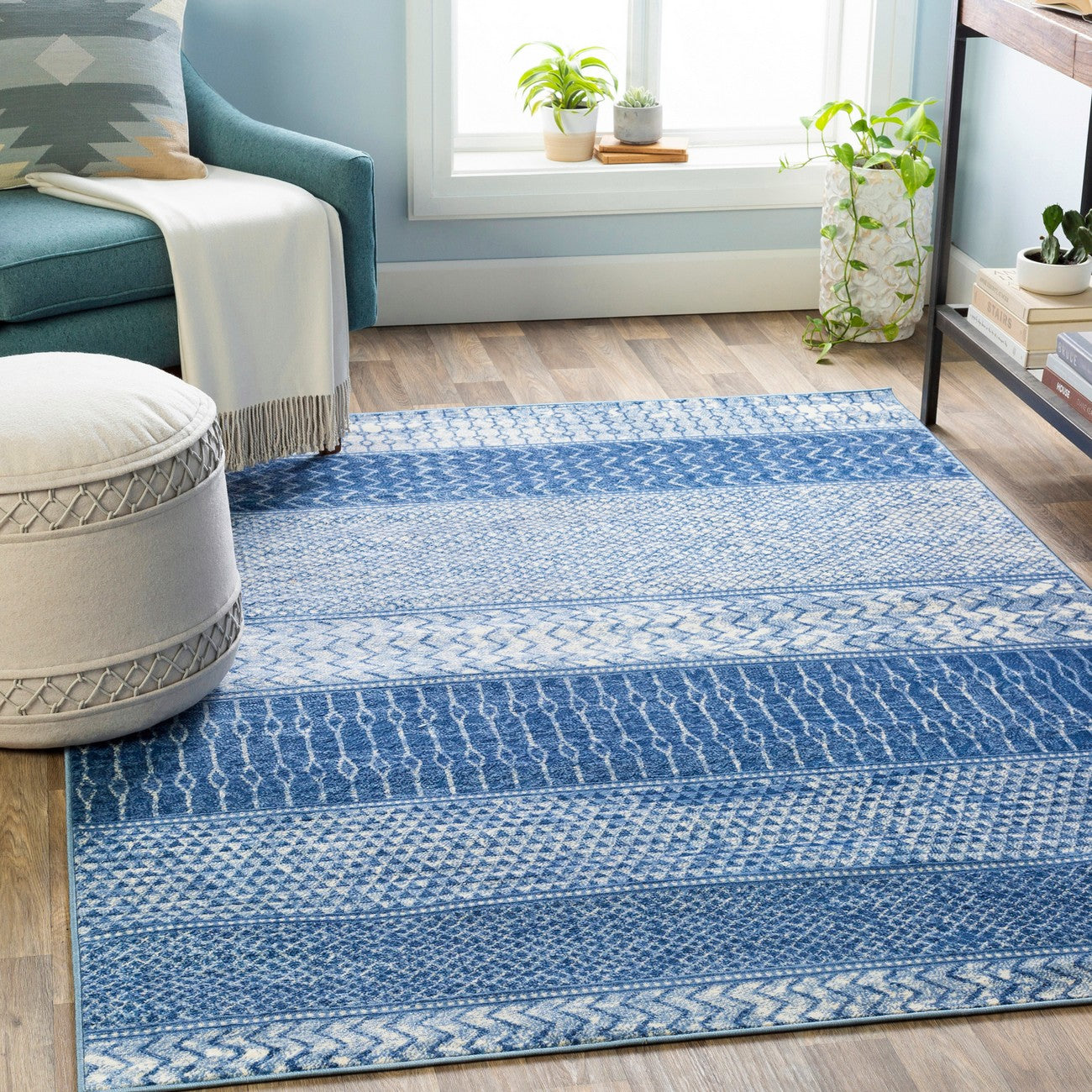 ADELE Scandi Geometric Bright Blue Area Rug Roomscene