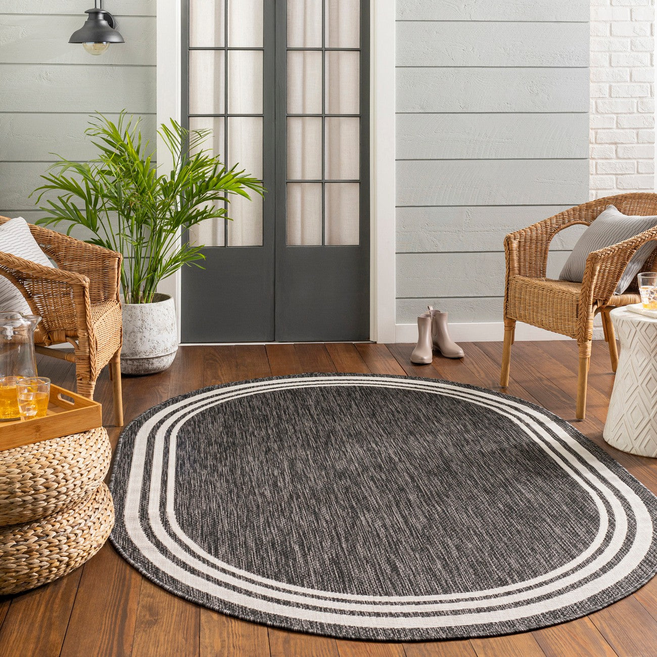 AKRITI Indoor & Outdoor Traditional Boho Dark Grey Area Rug Styleshot