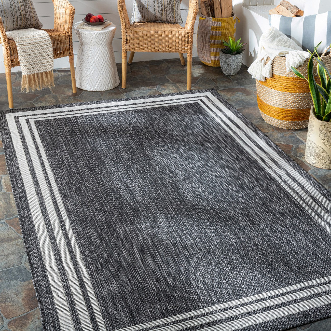 AKRITI Indoor & Outdoor Traditional Boho Dark Grey Area Rug Roomscene