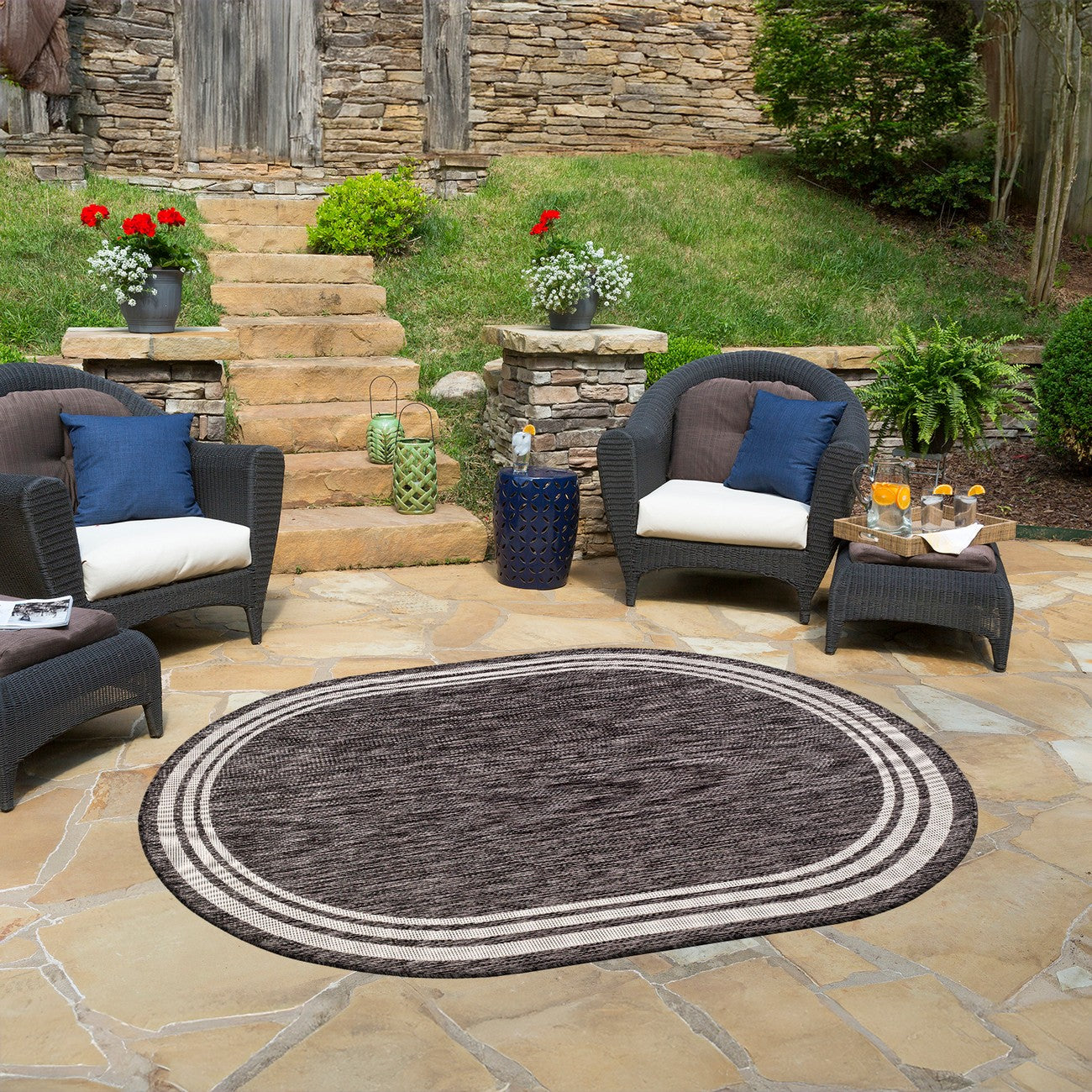 AKRITI Indoor & Outdoor Traditional Boho Dark Grey Area Rug Roomscene