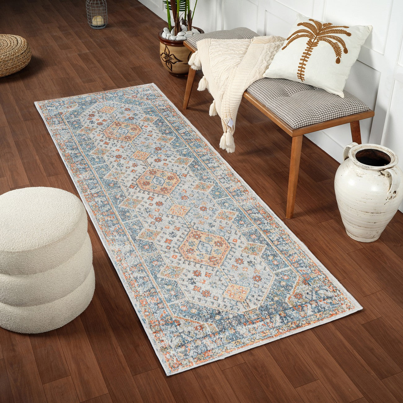 ALKA Machine Washable Traditional Boho Denim Area Rug Roomscene
