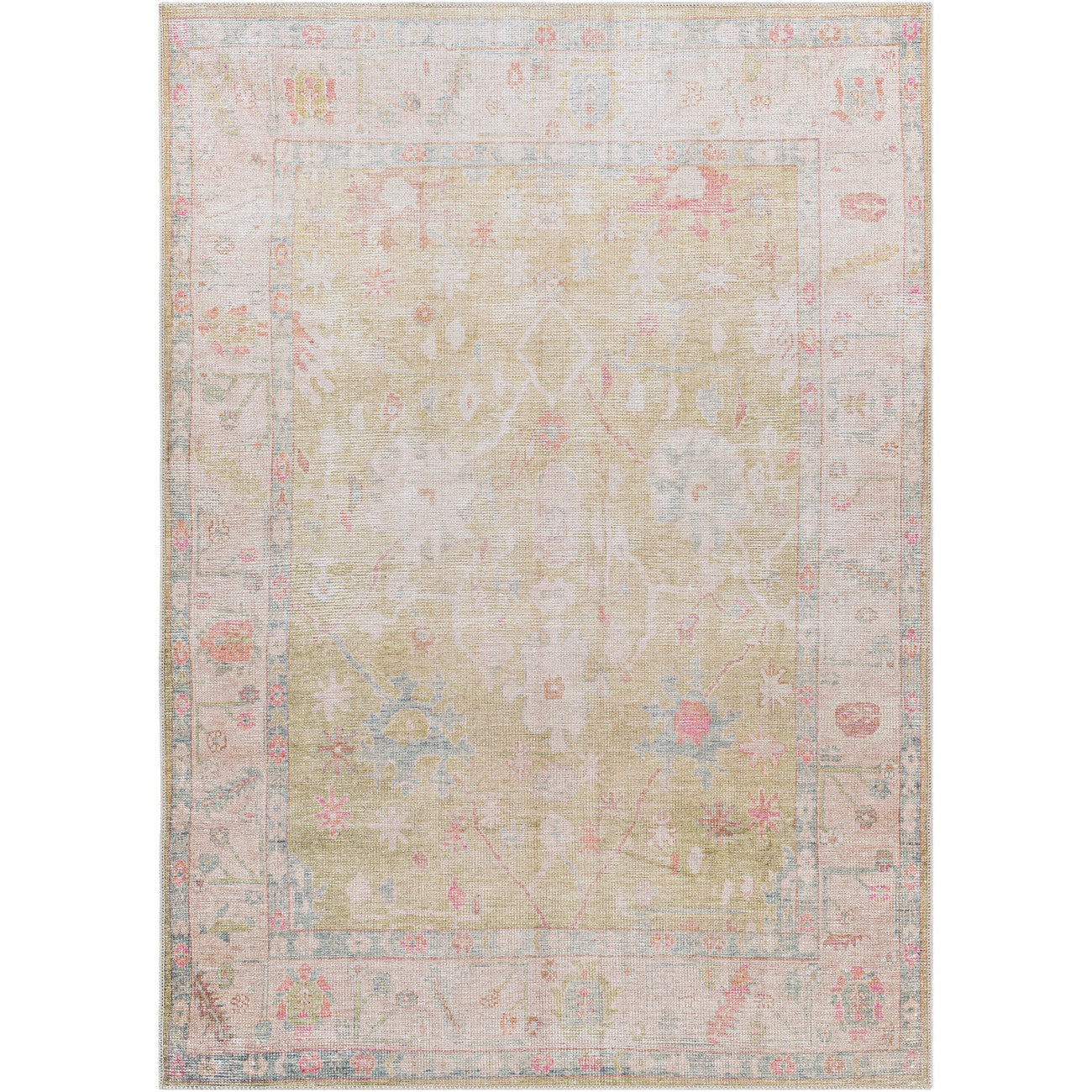 AMARI Machine Washable Traditional Boho Sage Area Rug Flat