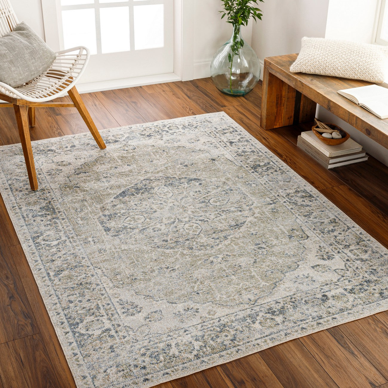 AMAYRA Machine Washable Traditional Boho Olive/Dark Blue Area Rug Roomscene