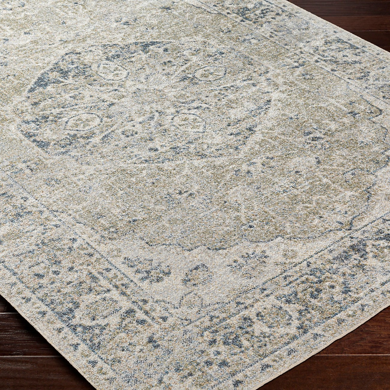 AMAYRA Machine Washable Traditional Boho Olive/Dark Blue Area Rug Corner