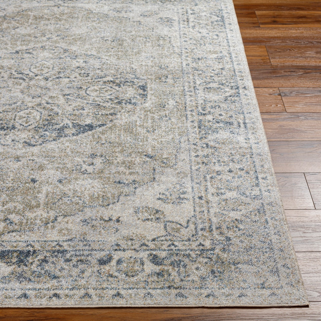 AMAYRA Machine Washable Traditional Boho Olive/Dark Blue Area Rug Front