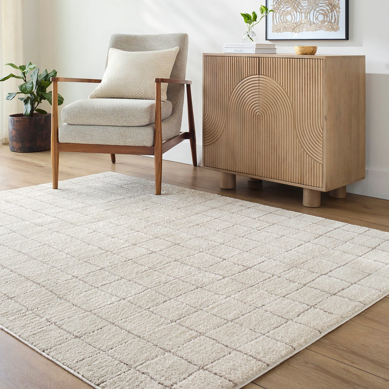 AMINA Our PNW Home x Livabliss Scandi High Pile Ivory Area Rug Roomscene