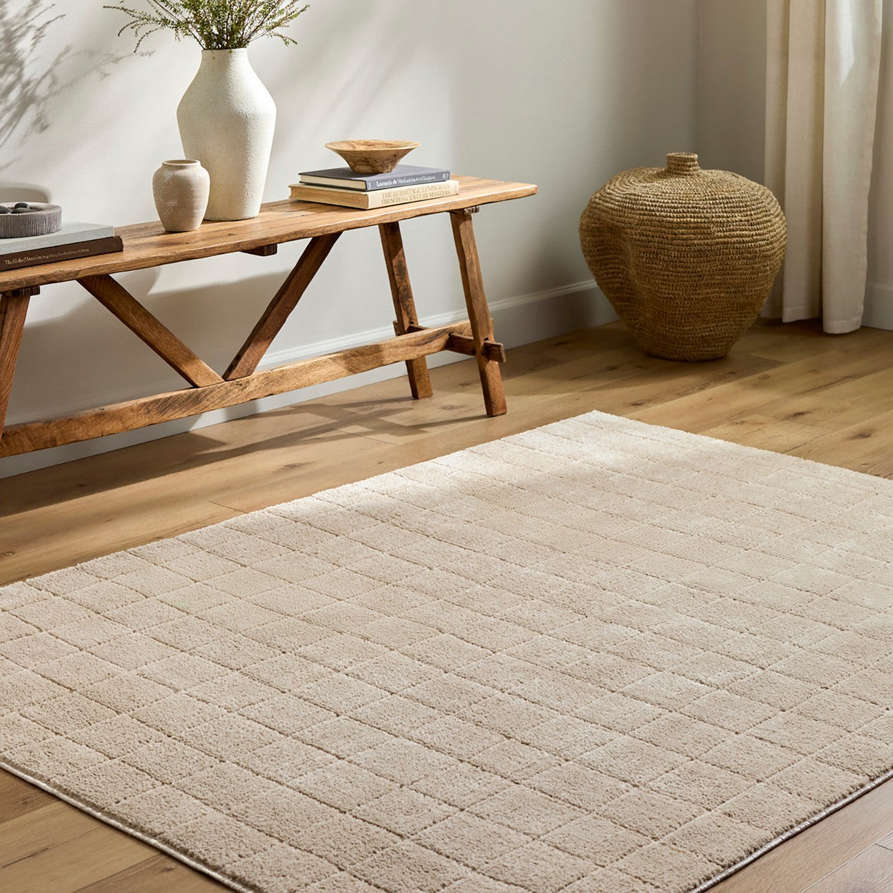 AMINA Our PNW Home x Livabliss Scandi High Pile Light Beige/Light Brown Area Rug Roomscene