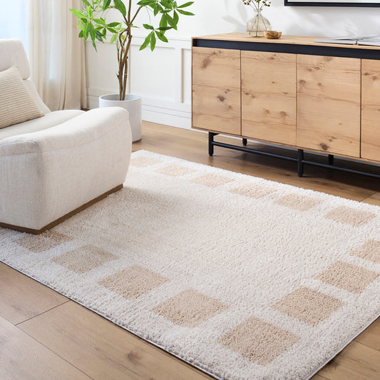 AMINE Machine Washable Modern Shaggy Beige Area Rug Roomscene
