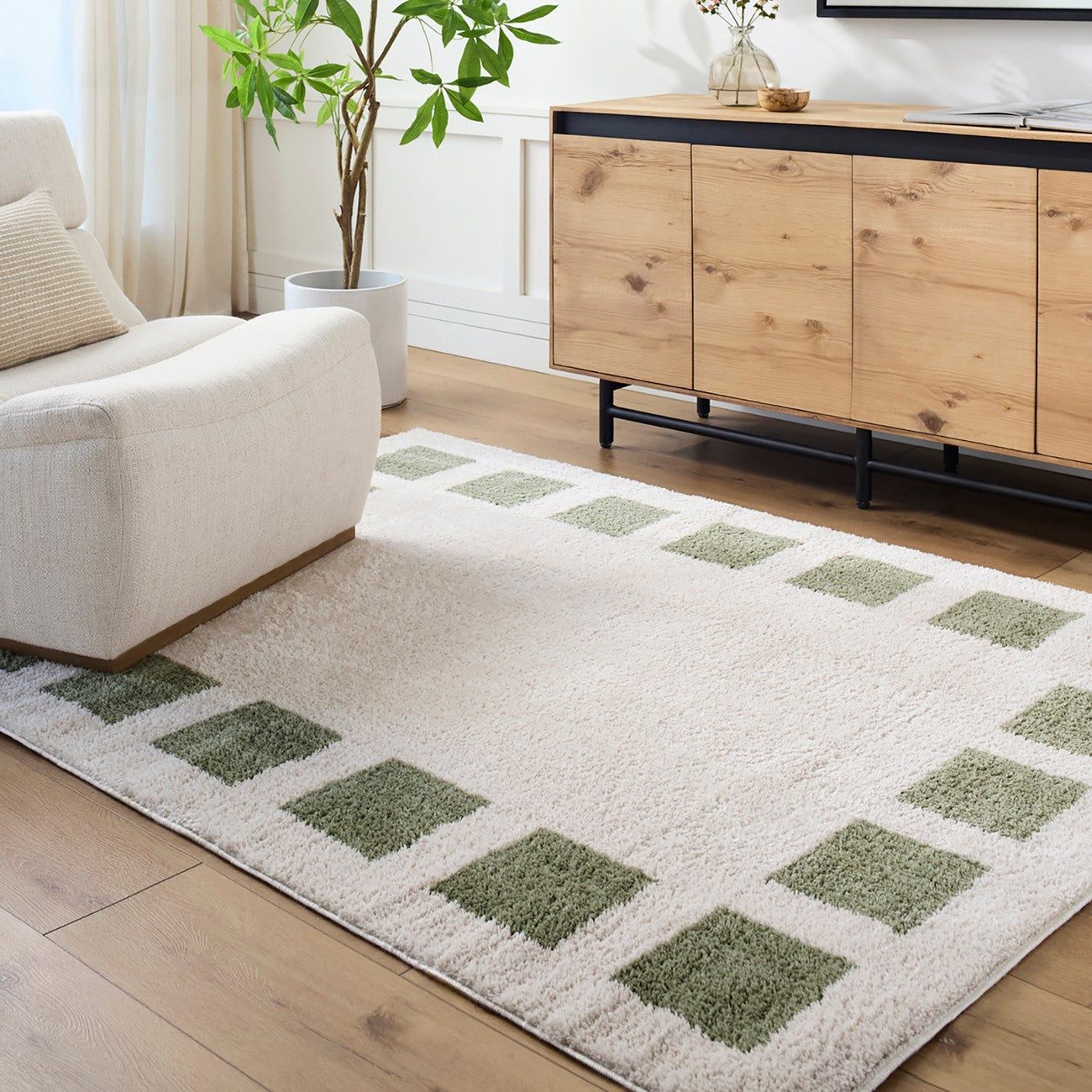 AMINE Machine Washable Modern Shaggy Grass Green Area Rug Roomscene