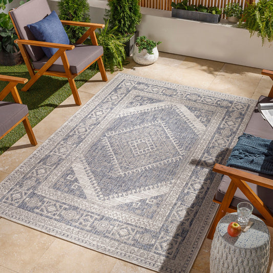 ANWARA Indoor & Outdoor Global Navy Area Rug Roomscene