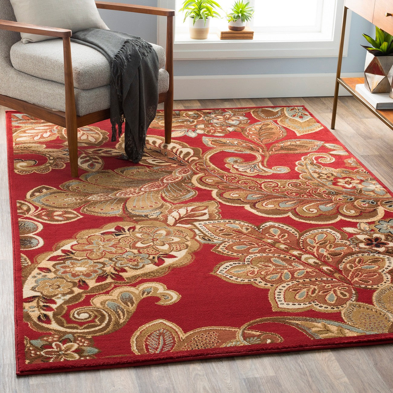 AROSA Scandi Traditional Boho Dark Red Area Rug Roomscene