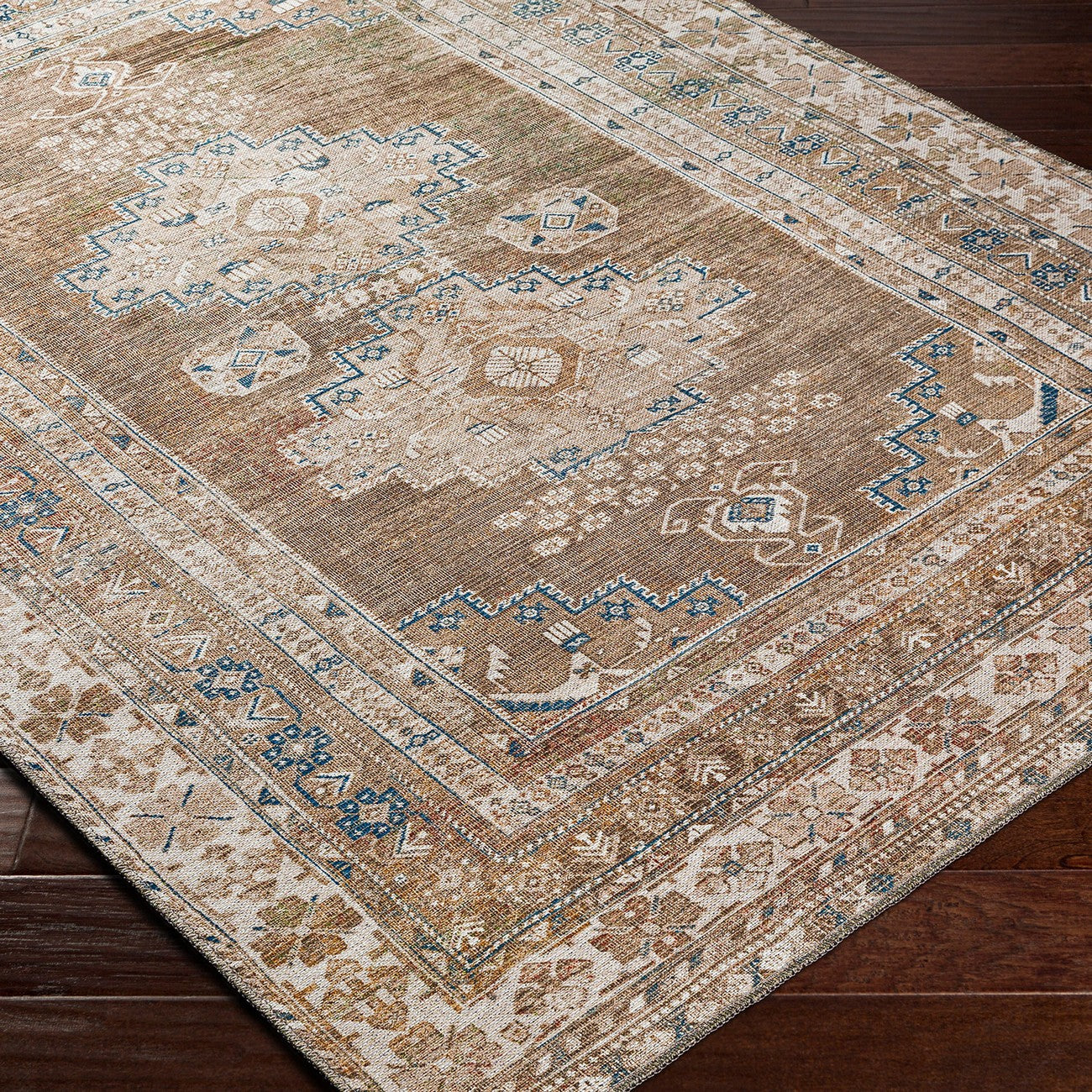 ATHENA Machine Washable Traditional Boho Brown Area Rug Corner