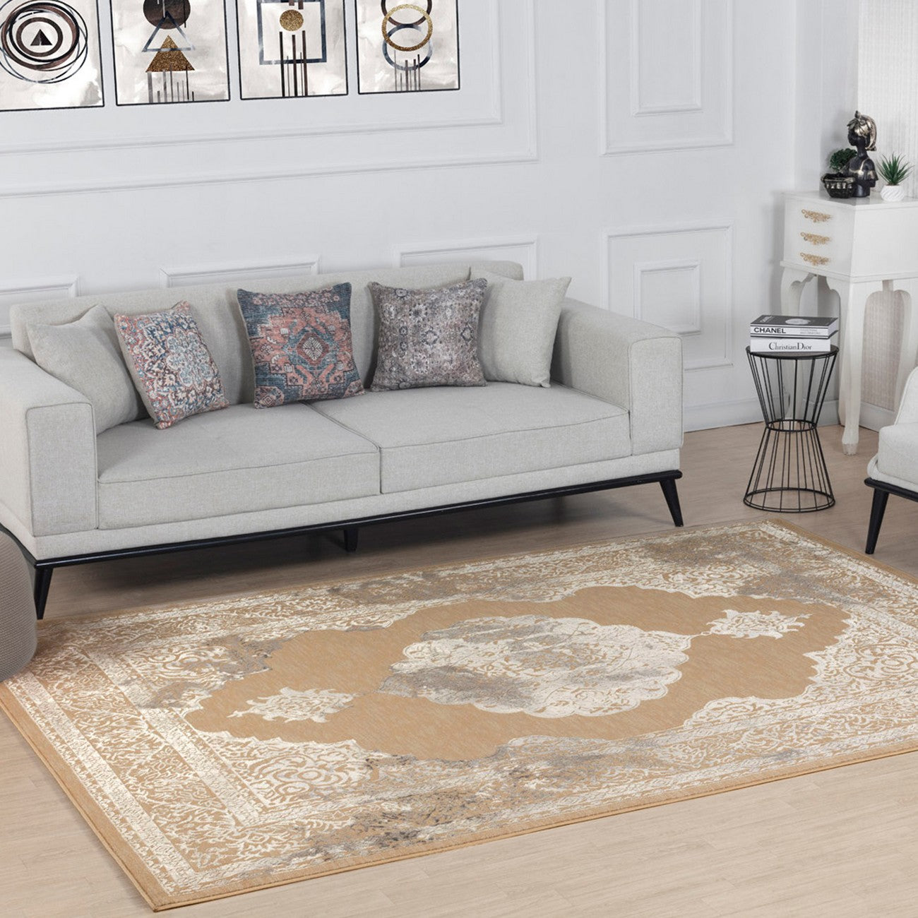 AZRA Vintage Traditional Oriental Boho Beige/White Area Rug Roomscene
