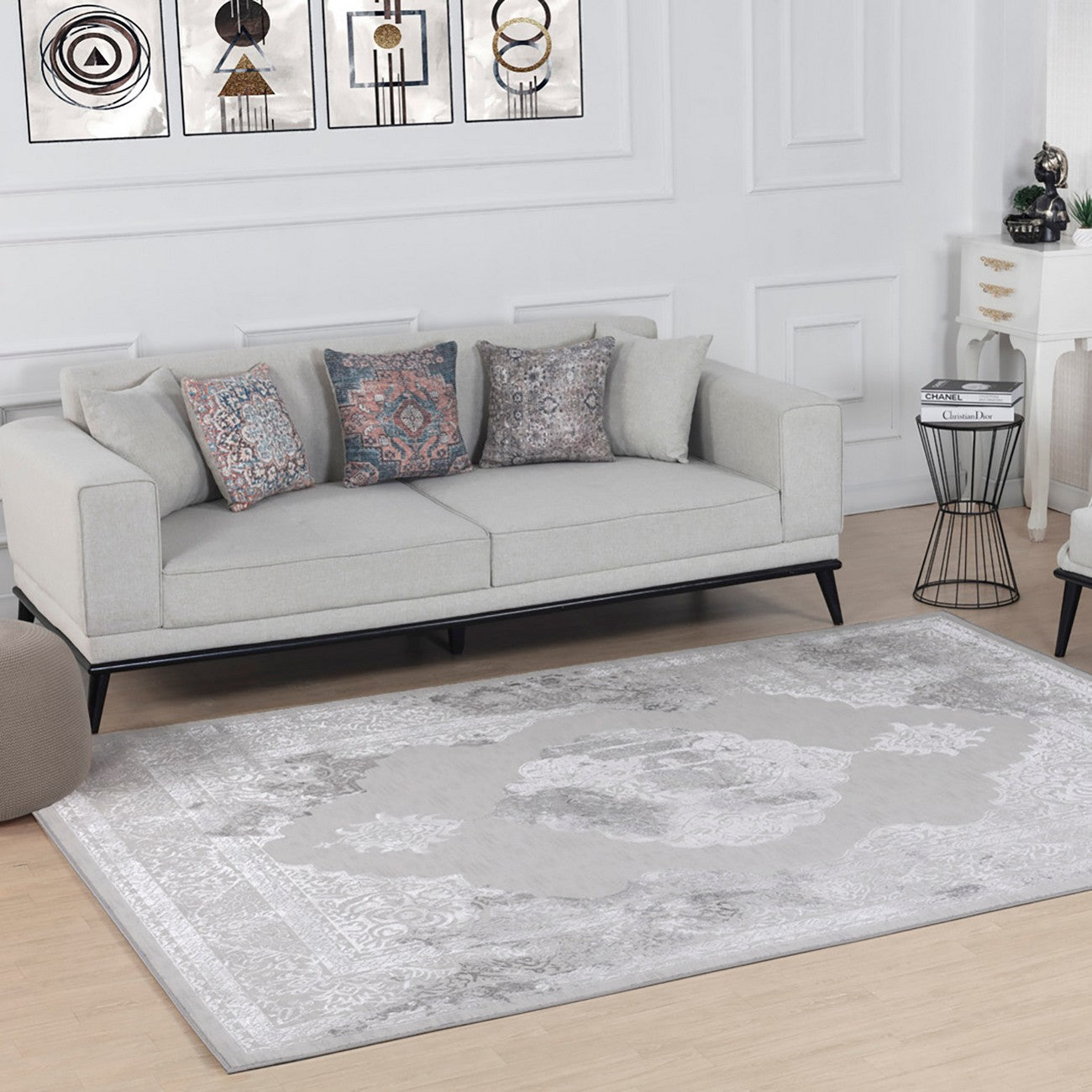AZRA Vintage Traditional Oriental Boho White/Grey Area Rug Roomscene