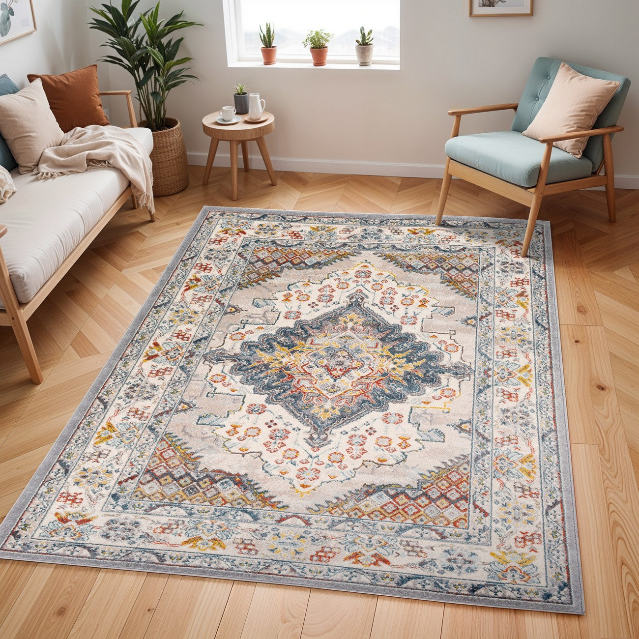 JADE Vintage Traditional Oriental Boho Grey Area Rug Roomscene