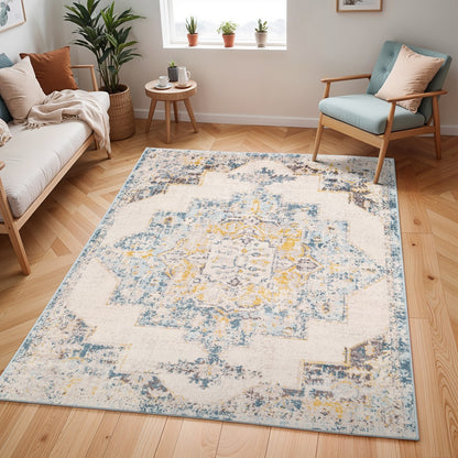 AGRA Vintage Traditional Oriental Boho Sky Blue Area Rug Roomscene